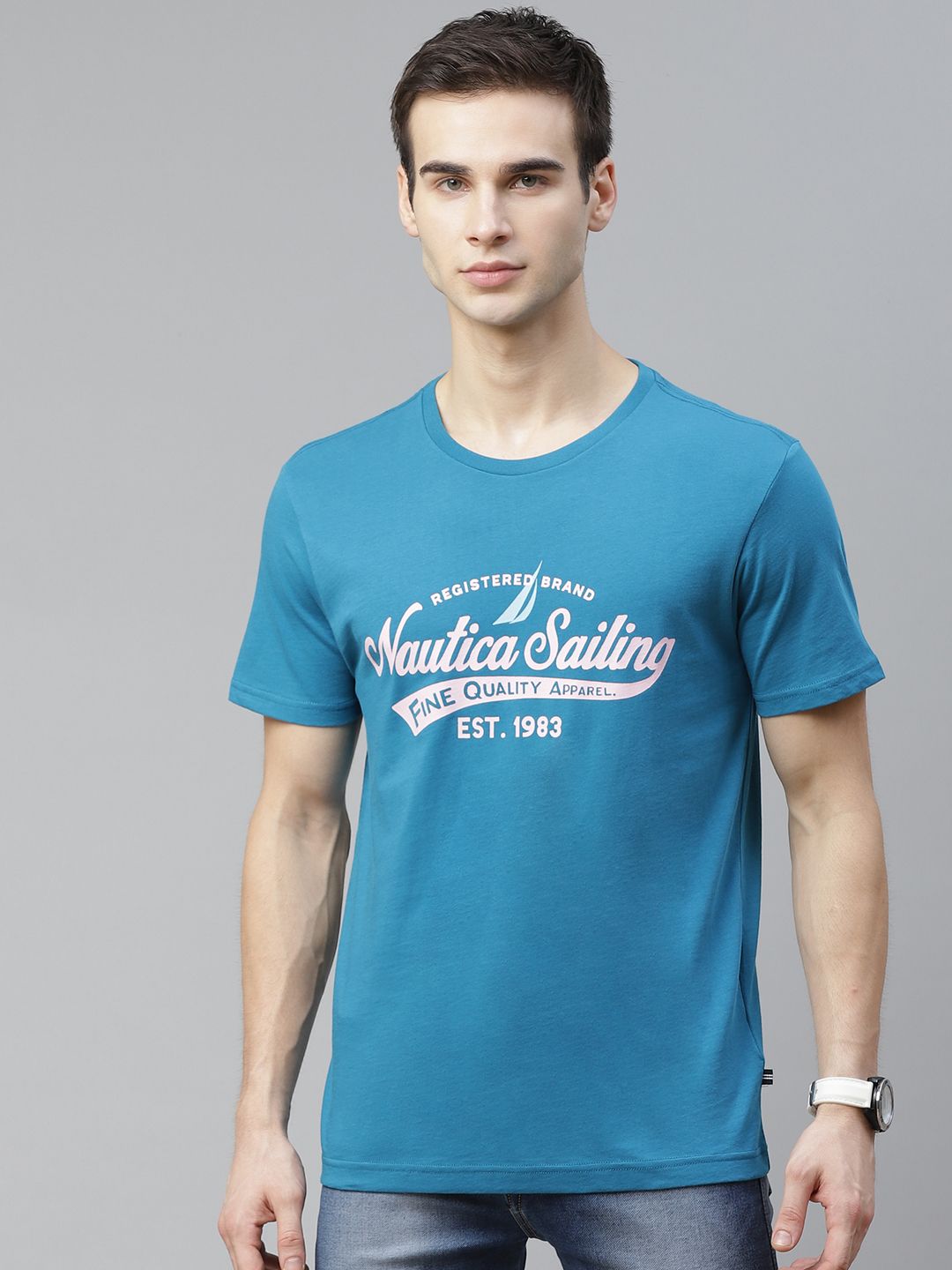 Nautica Men Blue Typography Printed T-shirt