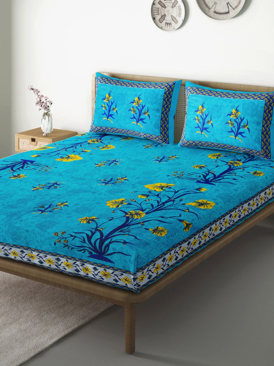 Aura Blue & Yellow Floral Print 104 TC 110 GSM Cotton Queen Bedsheet with 2 Pillow Covers Price in India