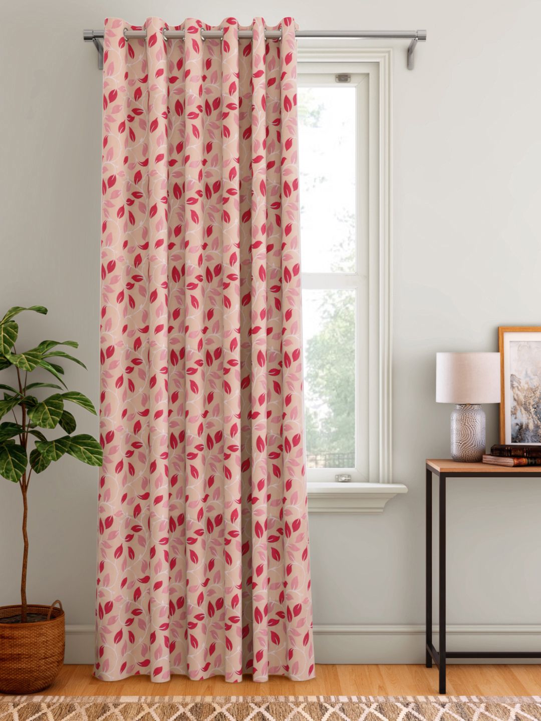 Aura Pink & Red Leaf Patterned Door Curtain Price in India