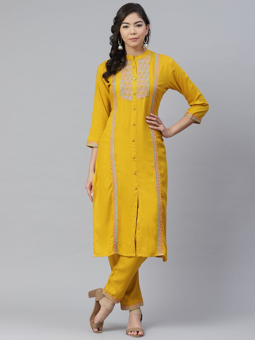 Anubhutee Women Mustard Yellow & Blue Embroidered Kurta with Trousers Price in India