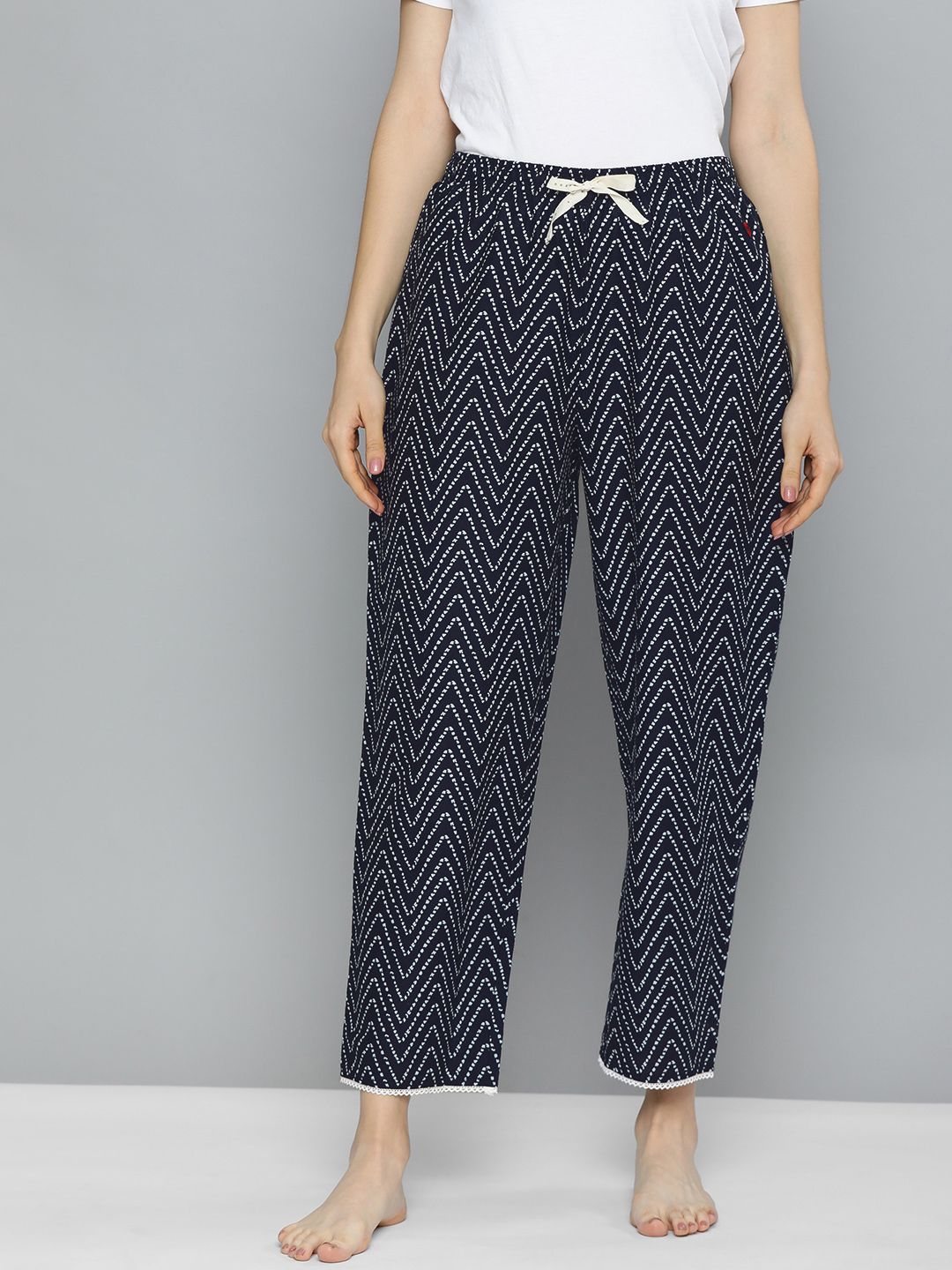 Chemistry Women Navy Blue & White Printed Lounge Pants Price in India