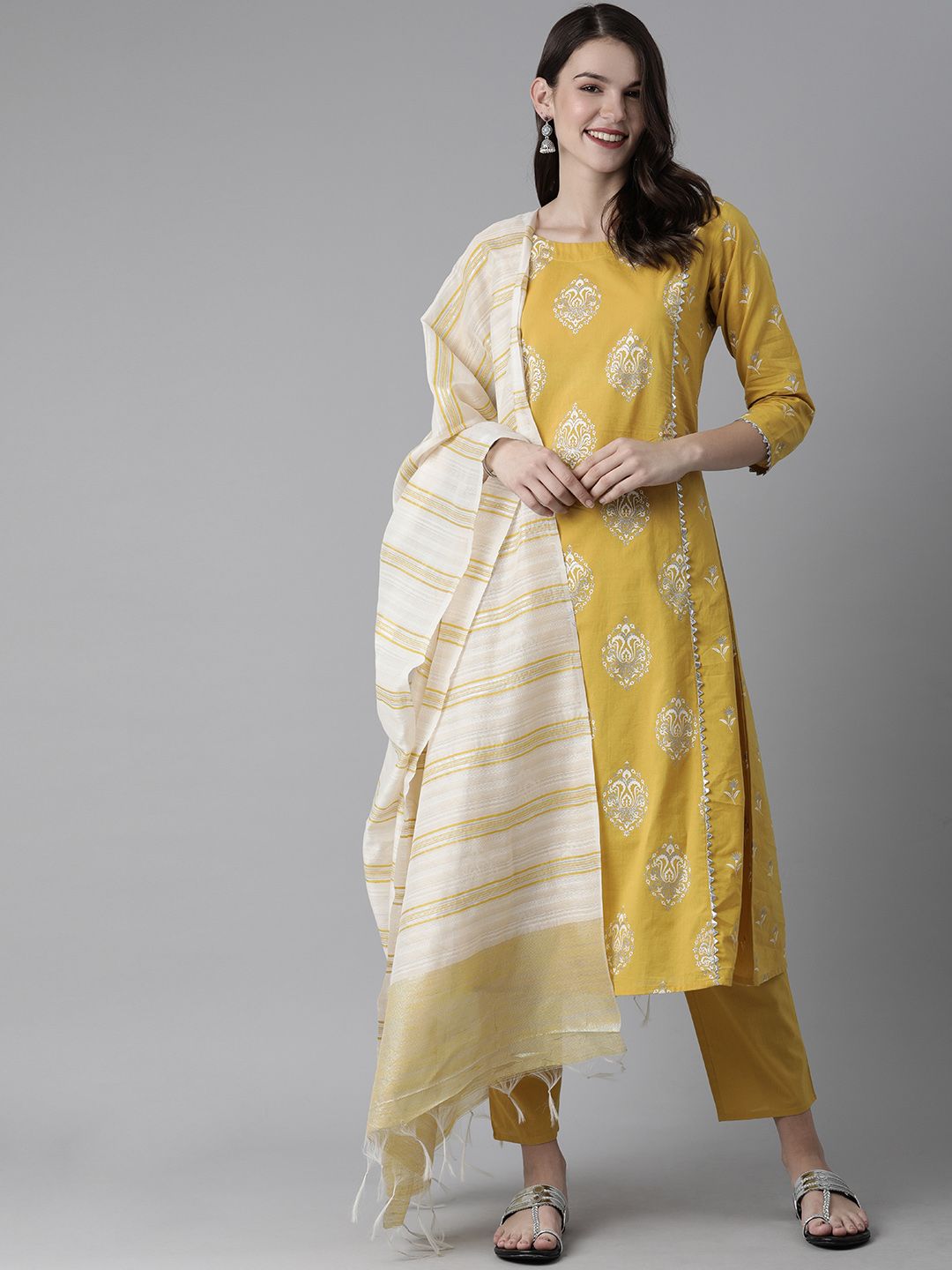 Indo Era Women Yellow & Silver-Toned Printed Pure Cotton Kurta with Trousers & Dupatta Price in India