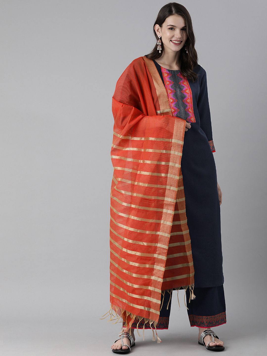 Indo Era Women Navy Blue & Orange Yoke Design Kurta with Palazzos & Dupatta Price in India