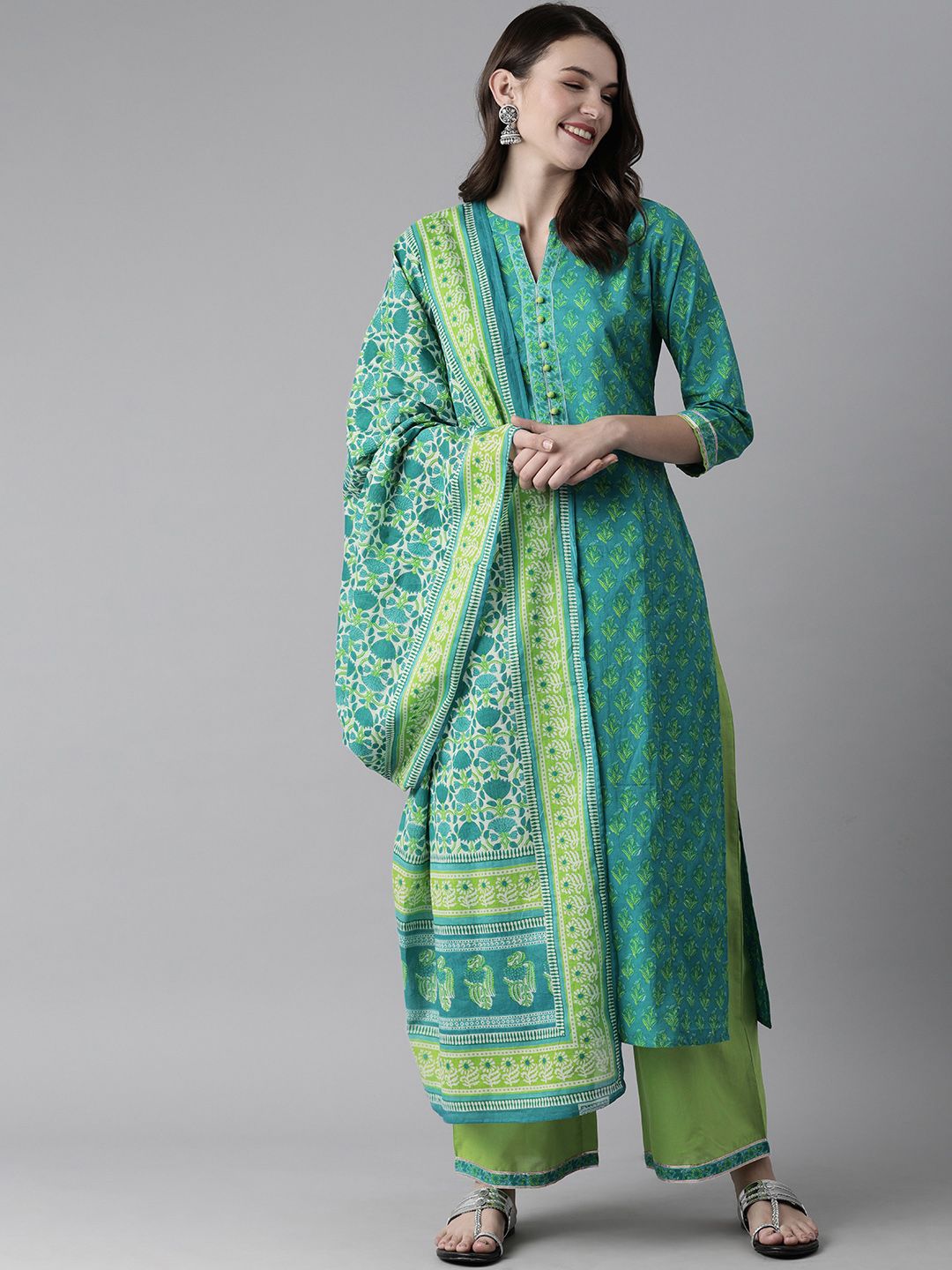 Indo Era Women Blue & Green Printed Kurta with Palazzos & Dupatta Price in India