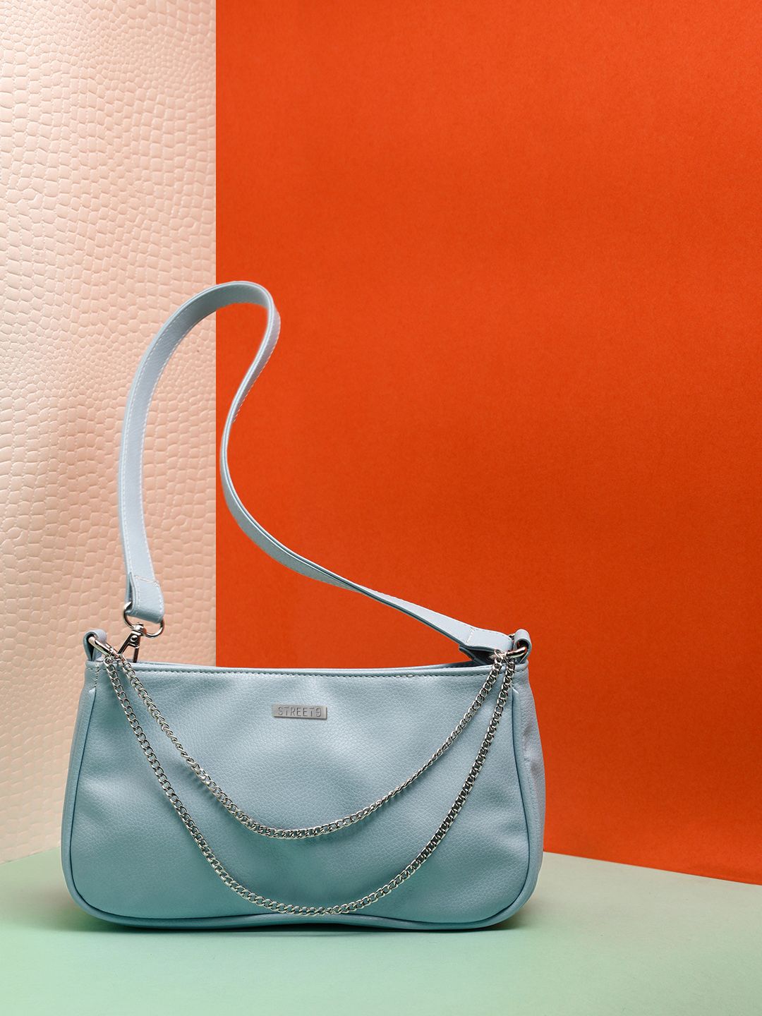 STREET 9 Turquoise Blue & Silver-Toned Solid Sling Bag Price in India