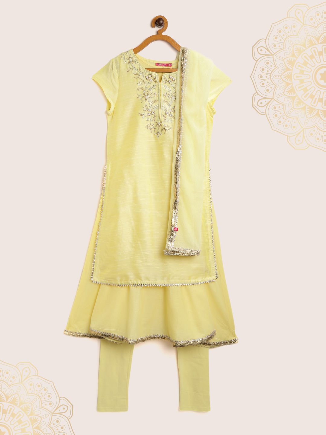 Biba Girls Yellow & Golden Yoke Design Embroidered Kurta with Churidar & Dupatta