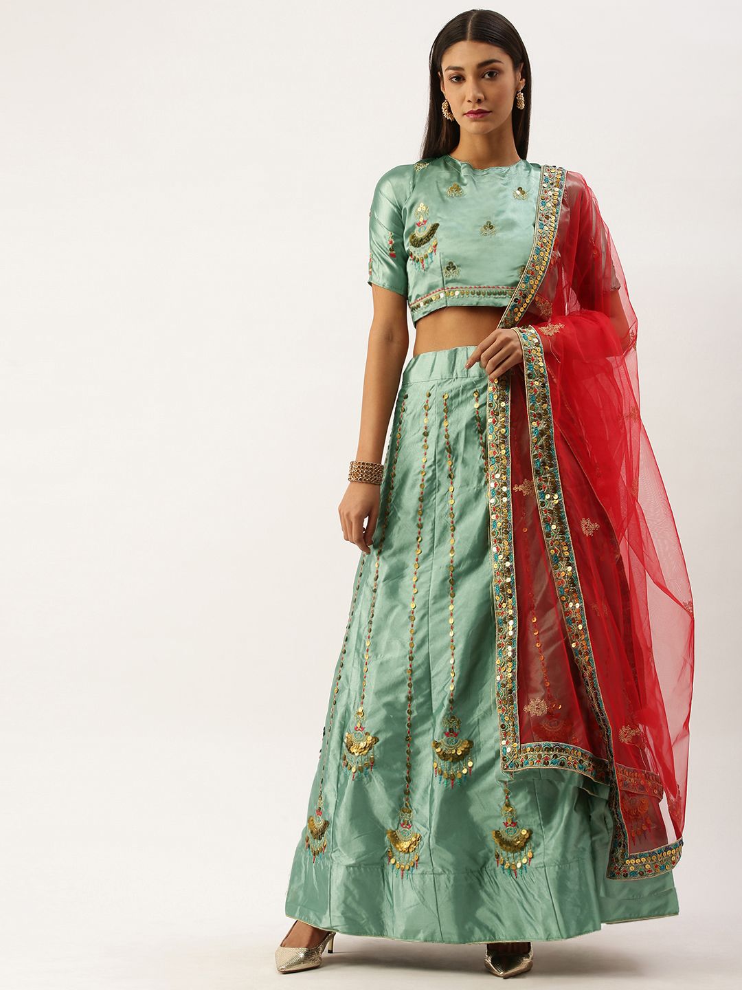 Om Shantam Sarees Sea Green & Red Embroidered Semi-Stitched Lehenga & Blouse with Dupatta