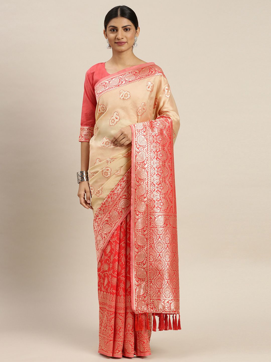 Om Shantam Sarees Peach-Coloured & Silver-Toned Woven Design Banarasi Saree