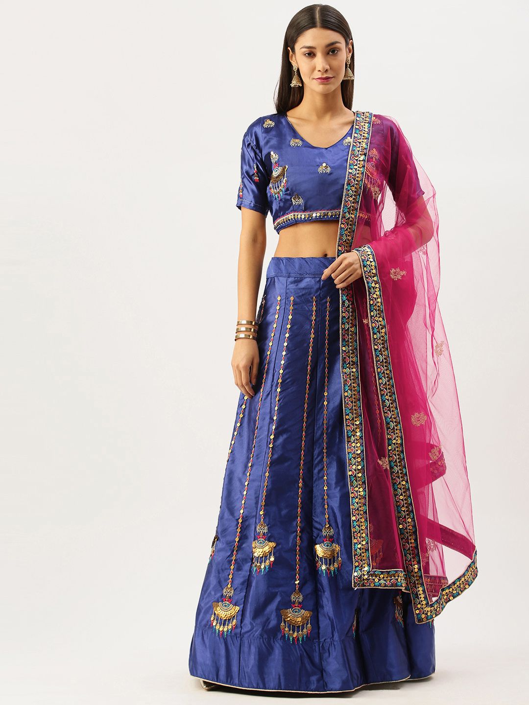 Om Shantam Sarees Navy Blue & Gold-Toned Embroidered Semi-Stitched Lehenga & Blouse with Dupatta