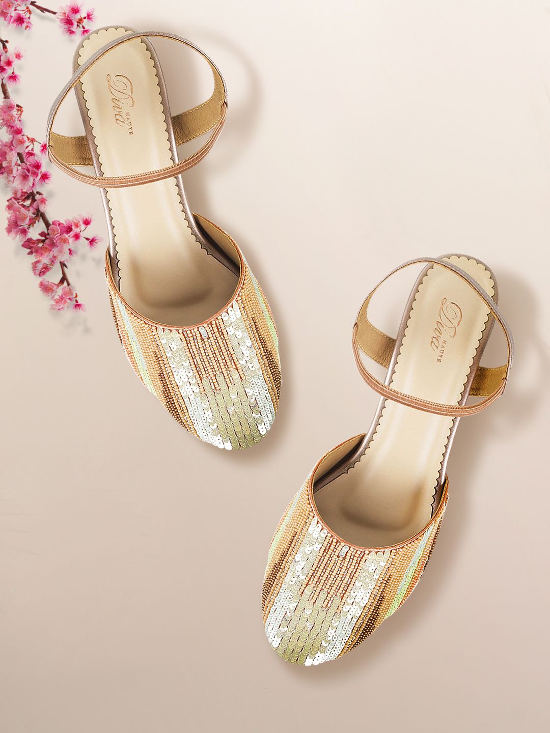 Mochi Women Peach-Coloured & Green Embellished Pumps Price in India