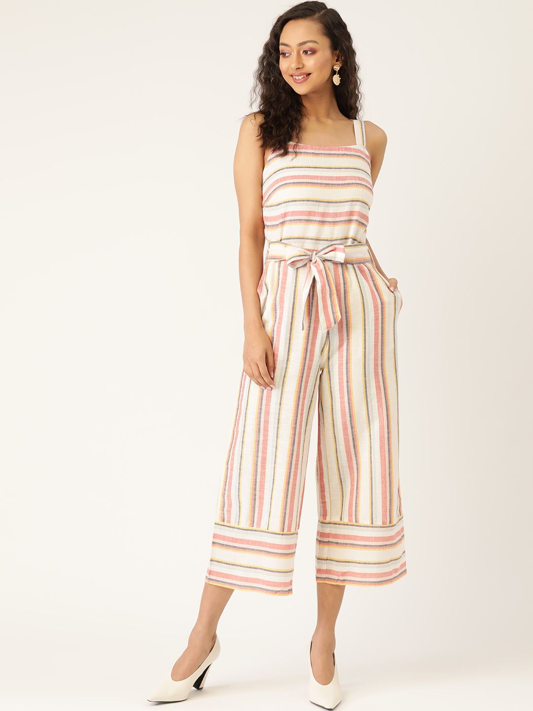 LABEL REGALIA Women Off-White & Pink Linen Striped Cropped Basic Jumpsuit Price in India