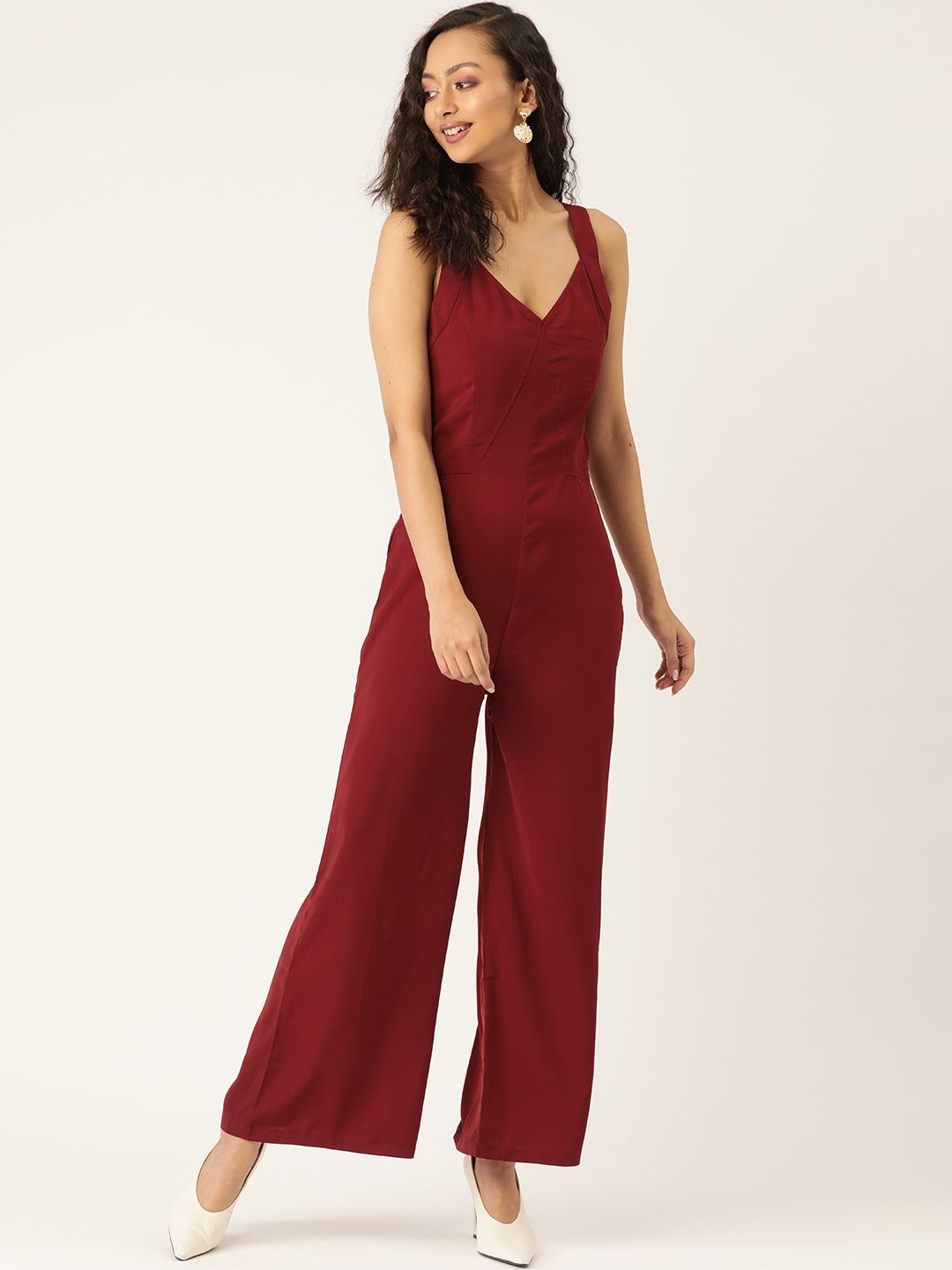 LABEL REGALIA Women Maroon Solid Basic Jumpsuit Price in India