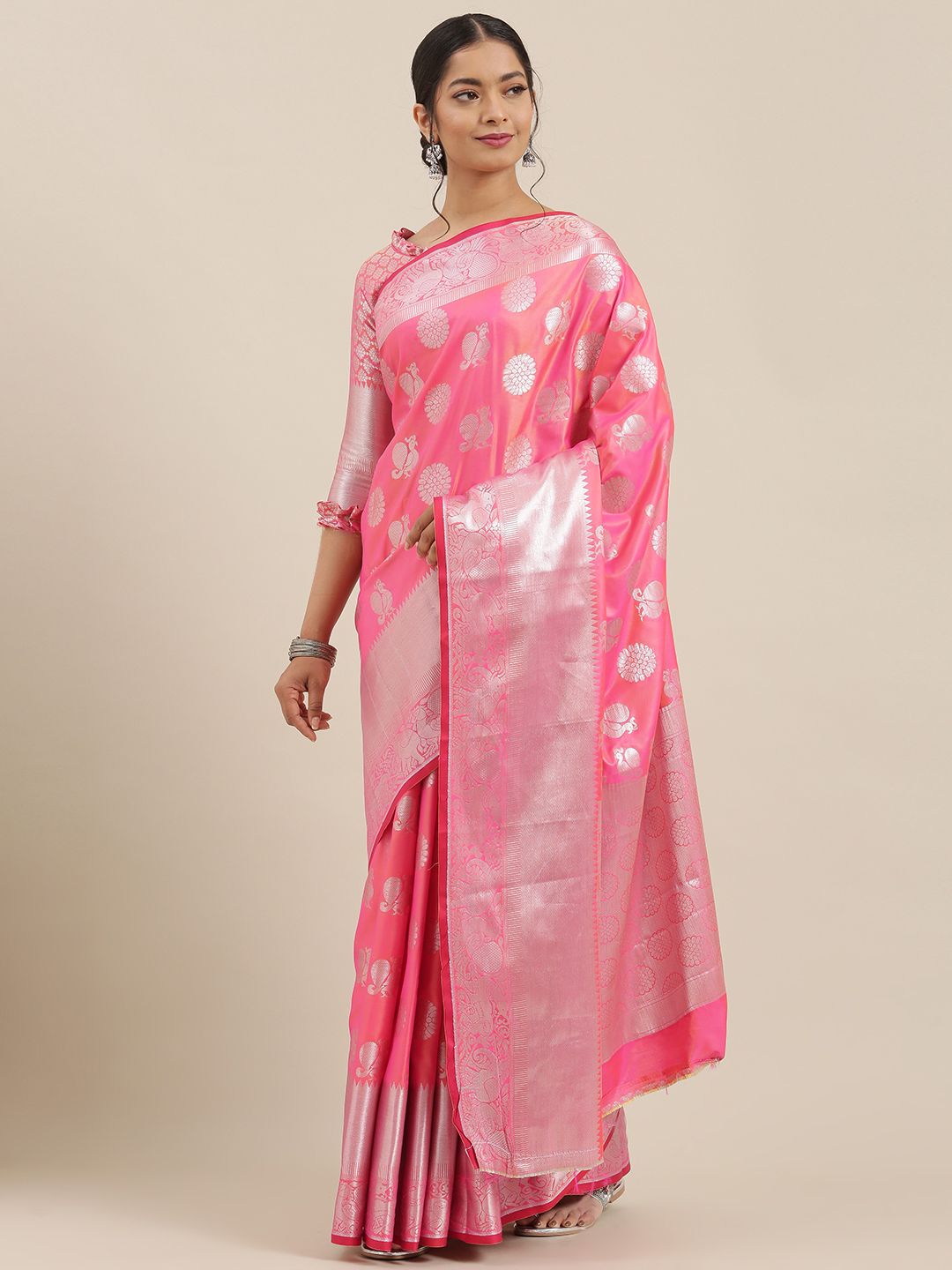 Mitera Pink & Silver-Toned Poly Silk Woven Design Banarasi Saree