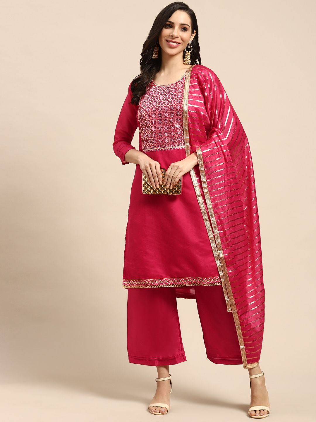 Rajnandini Magenta & Golden Embroidered Semi-Stitched Dress Material Price in India