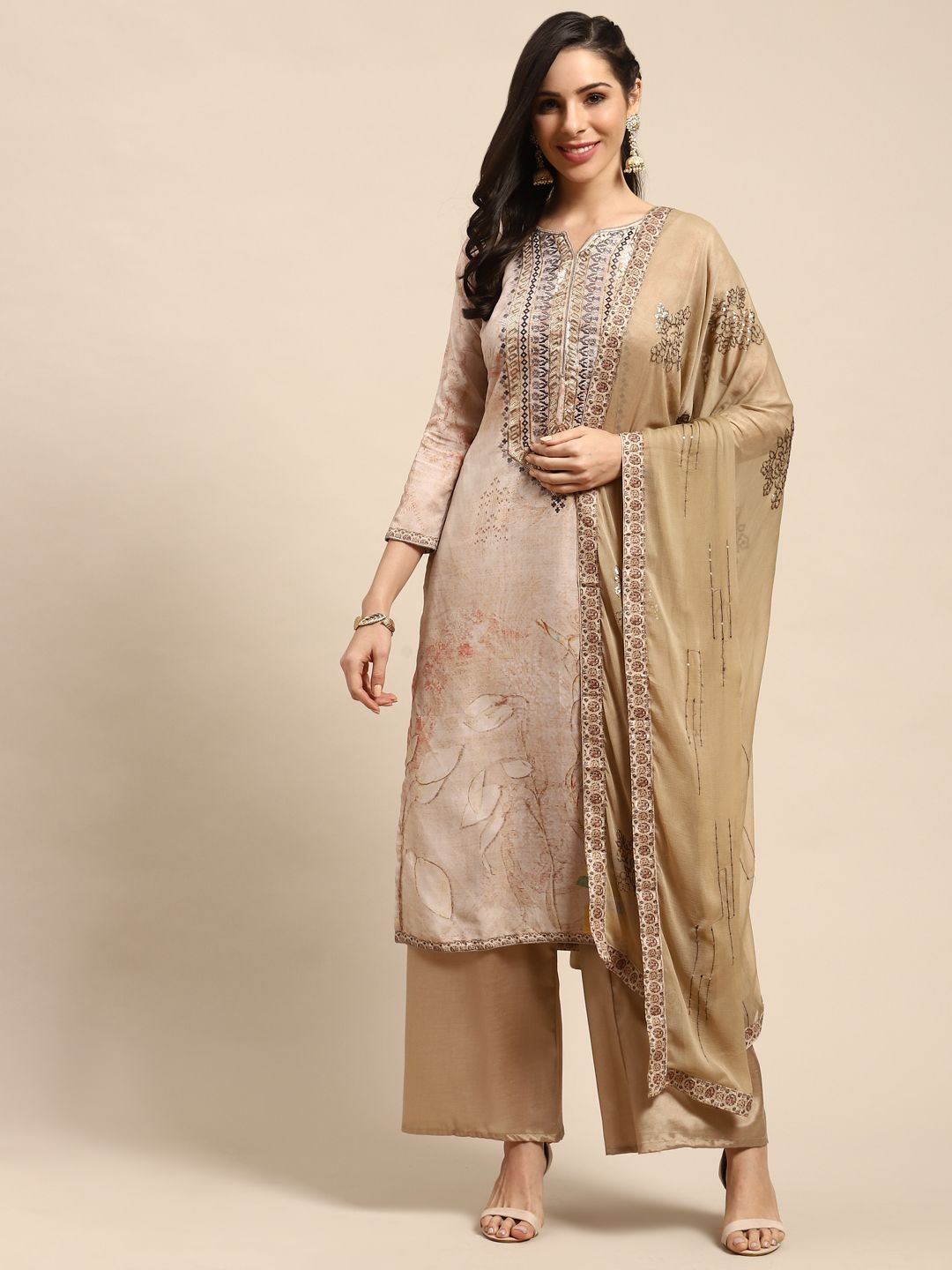 Rajnandini Beige & Golden Pure Cotton Embroidered Semi-Stitched Dress Material Price in India