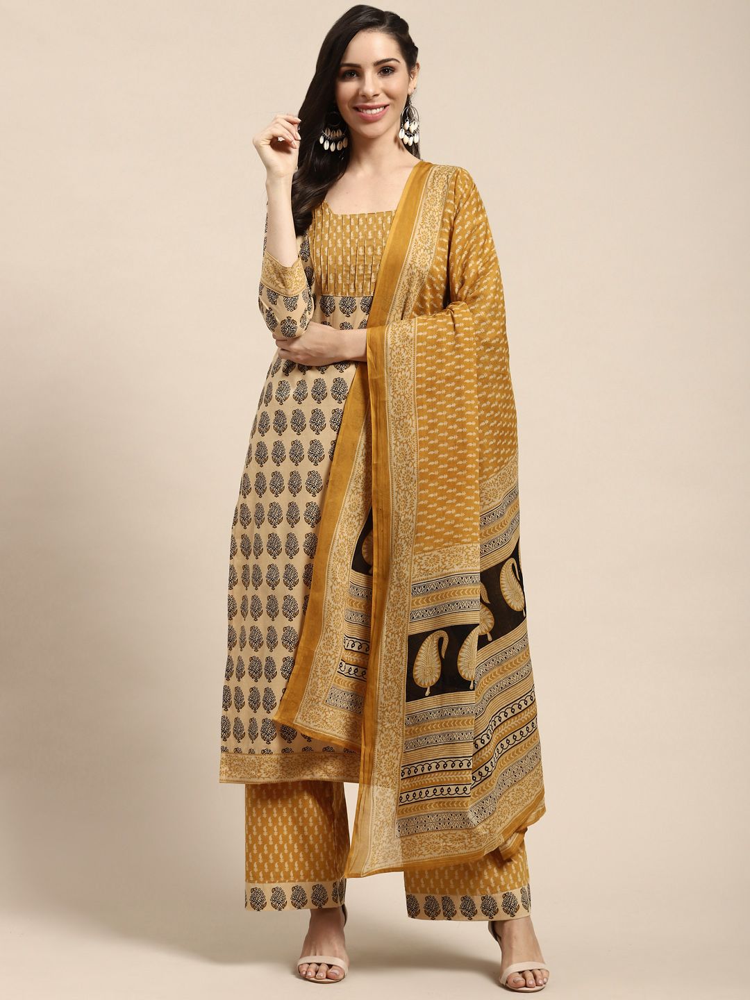 Rajnandini Beige & Mustard Yellow Pure Cotton Printed Unstitched Dress Material Price in India