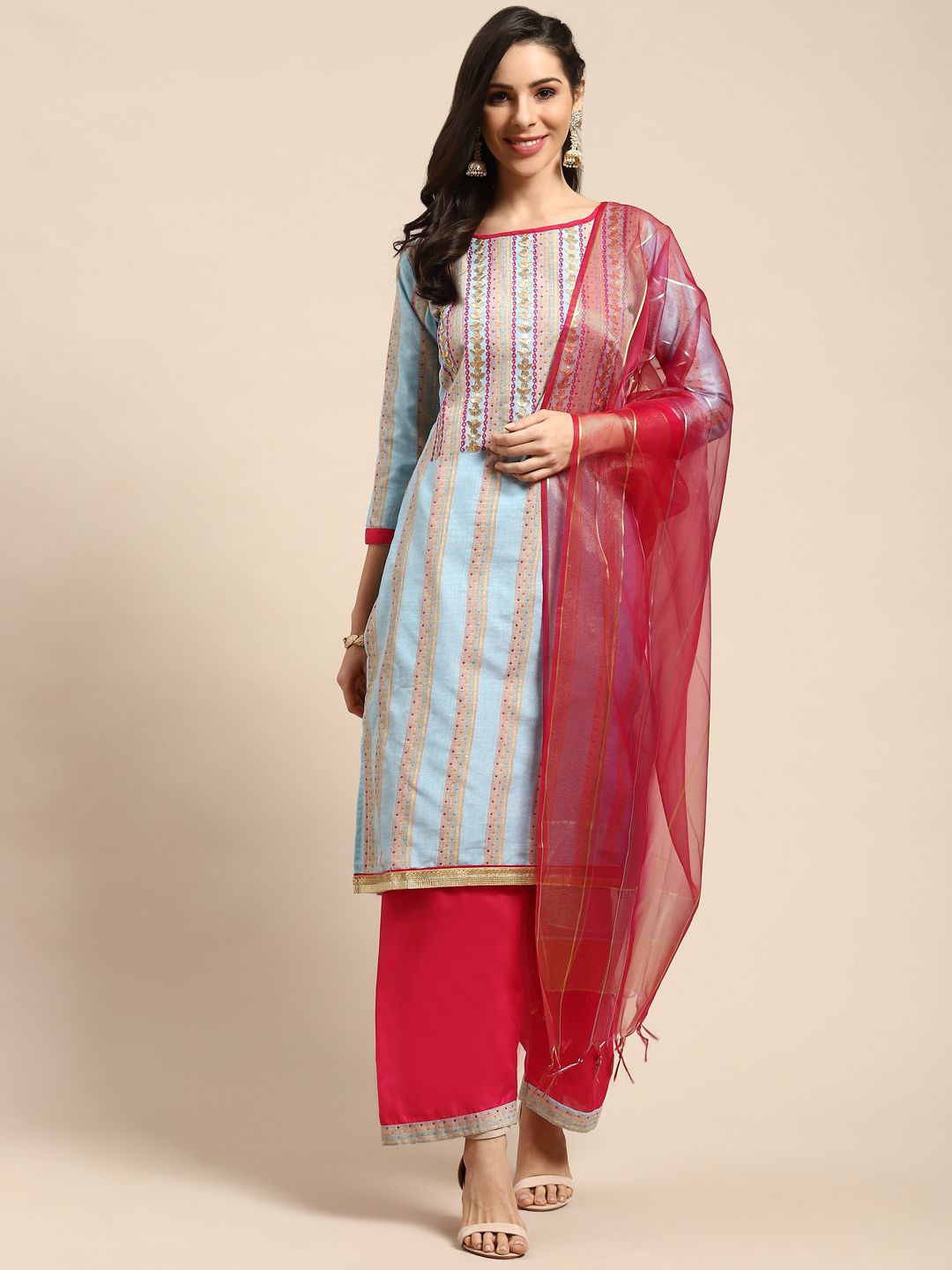 Rajnandini Turquoise Blue & Beige Pure Cotton Embroidered Semi-Stitched Dress Material Price in India