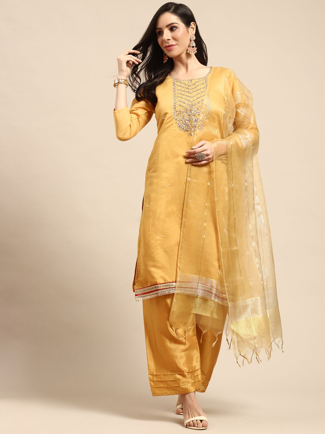 Rajnandini Yellow & Golden Yoke Design Semi-Stitched Dress Material Price in India