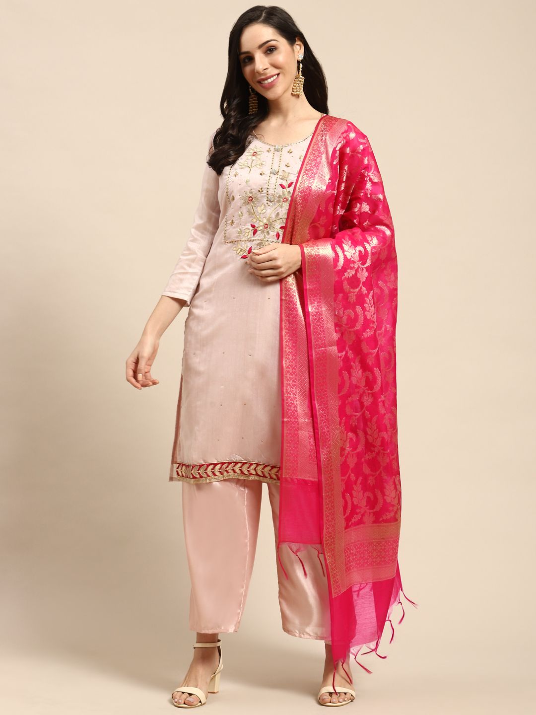 Rajnandini Pink & Golden Embellished Semi Stitched Dress Material Price in India