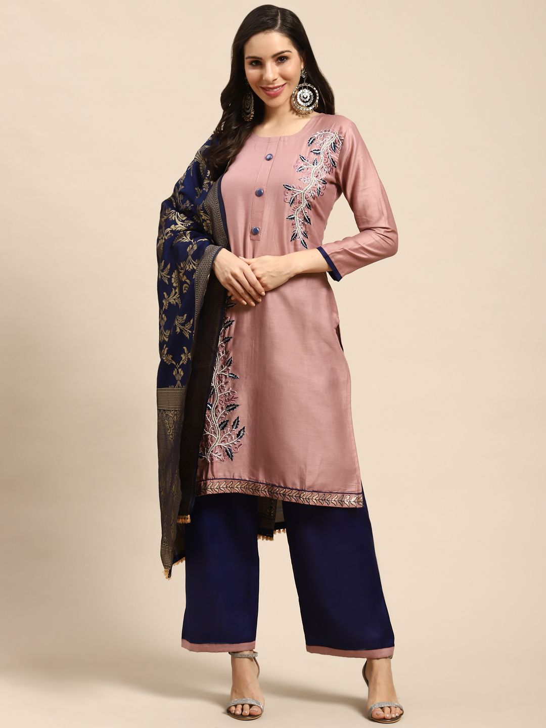 Rajnandini Pink & Navy Blue Pure Cotton Embroidered Semi-Stitched Dress Material Price in India