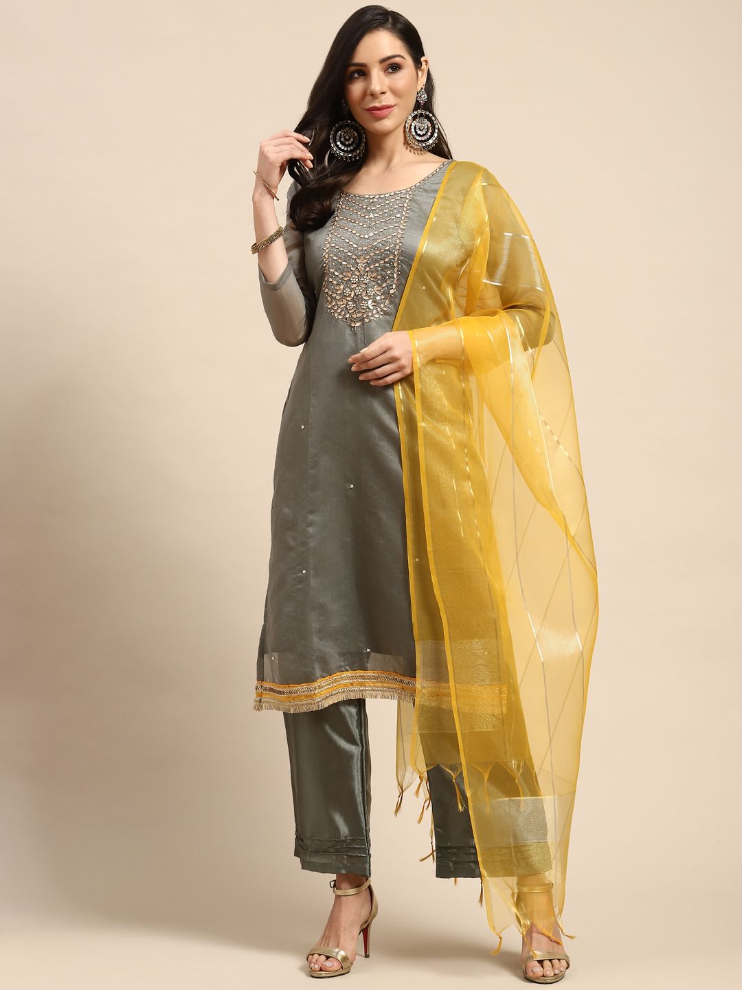 Rajnandini Charcoal Grey & Golden Embellished Semi-Stitched Dress Material Price in India