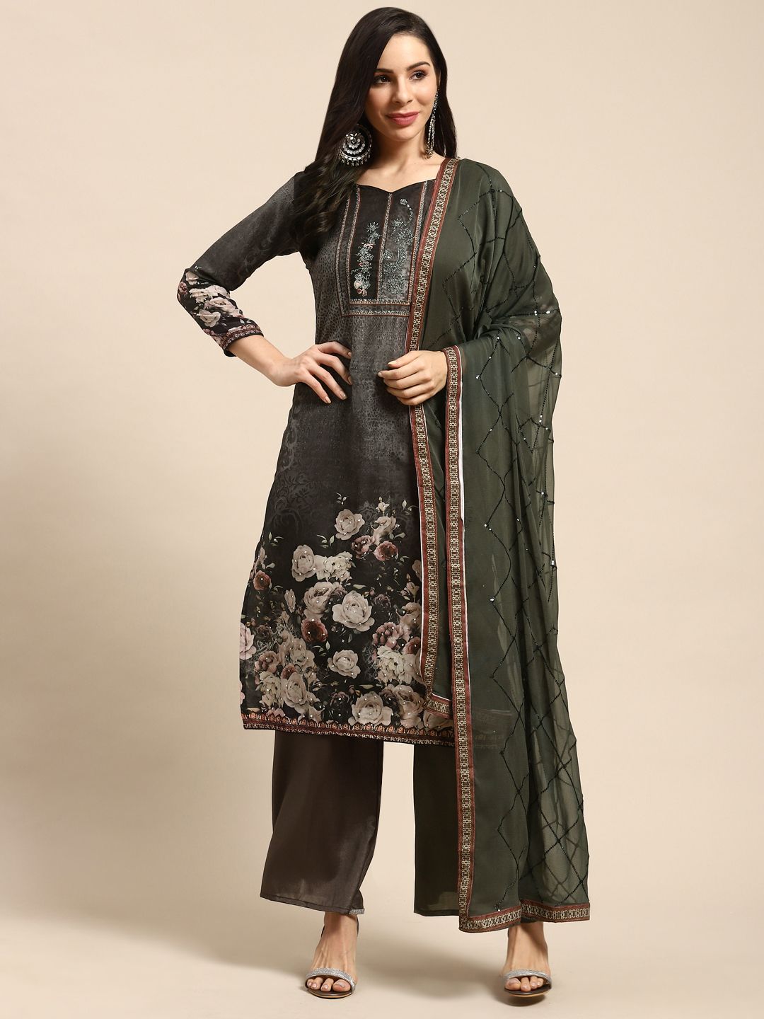 Rajnandini Charcoal Grey Printed Unstitched Dress Material Price in India