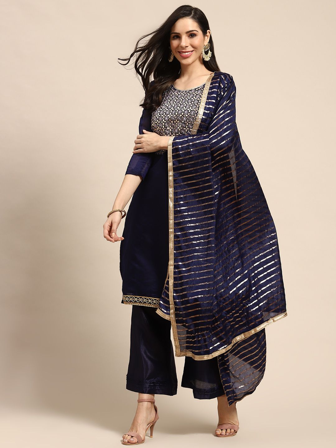 Rajnandini Navy Blue & Golden Yoke Design Embellished Unstitched Dress Material Price in India