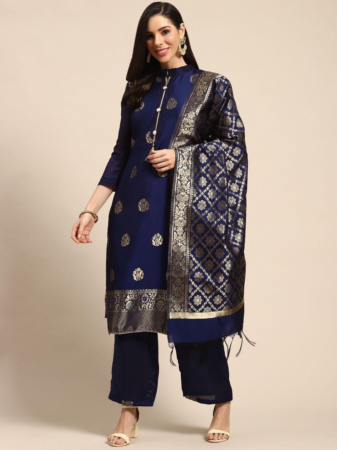 Rajnandini Navy Blue & Golden Woven Design Semi-Stitched Dress Material Price in India