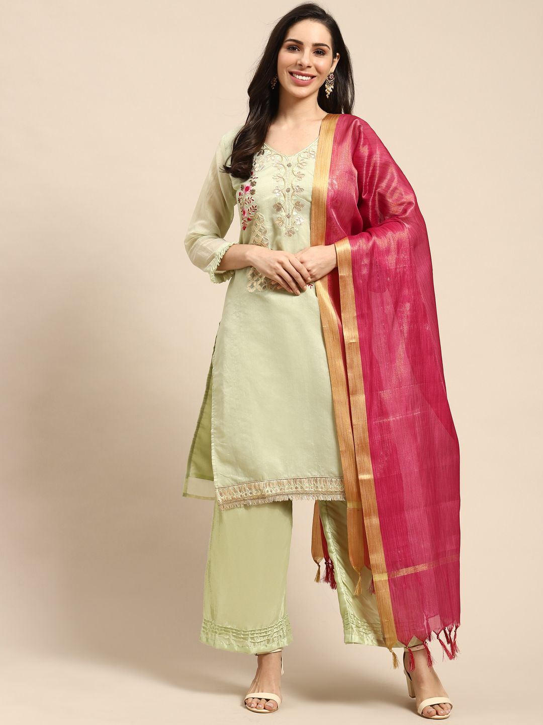 Rajnandini Green & Golden Embroiered Semi Stitched Dress Material Price in India
