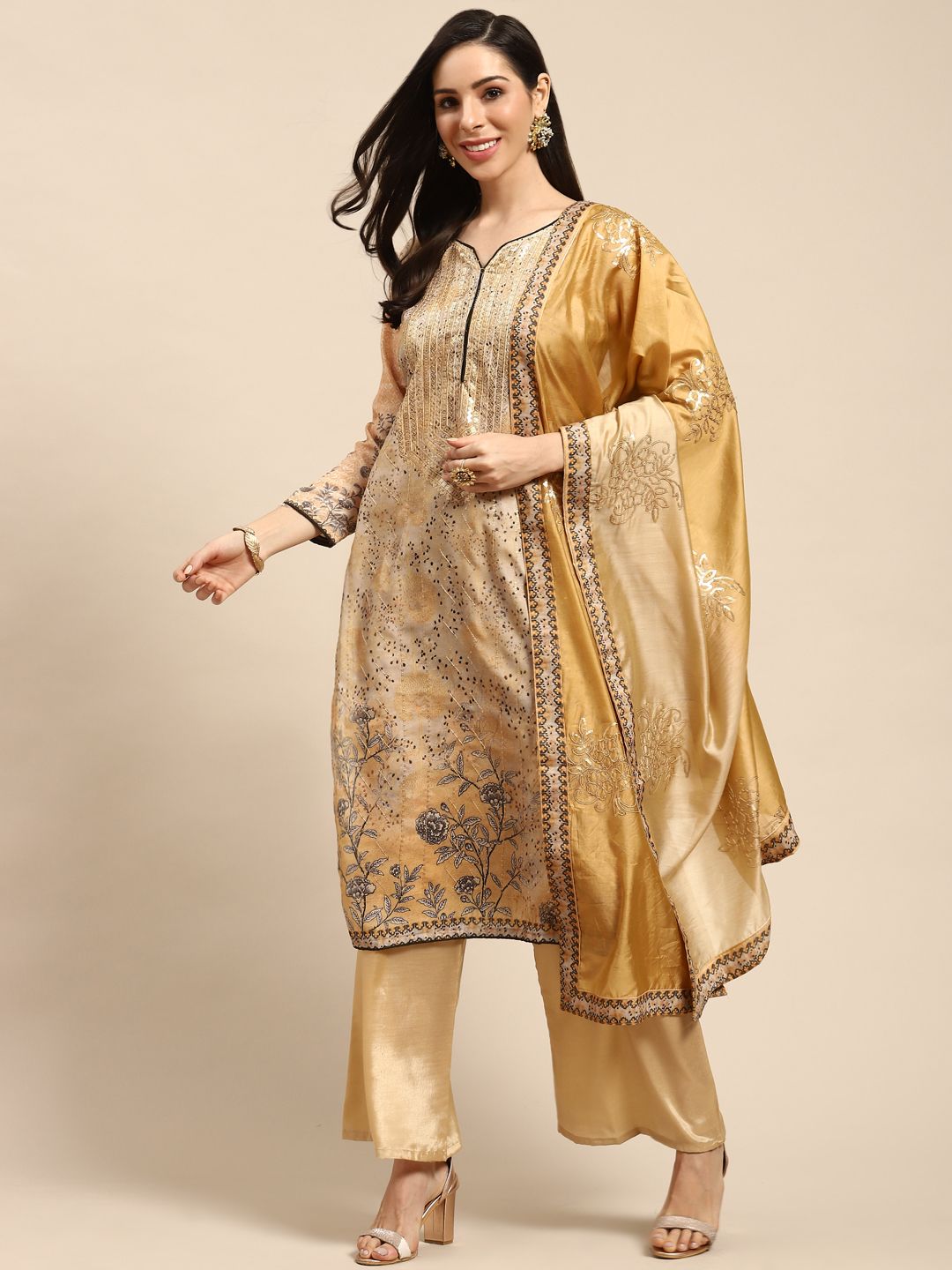 Rajnandini Beige & Golden Pure Cotton Embroidered Semi-Stitched Dress Material Price in India