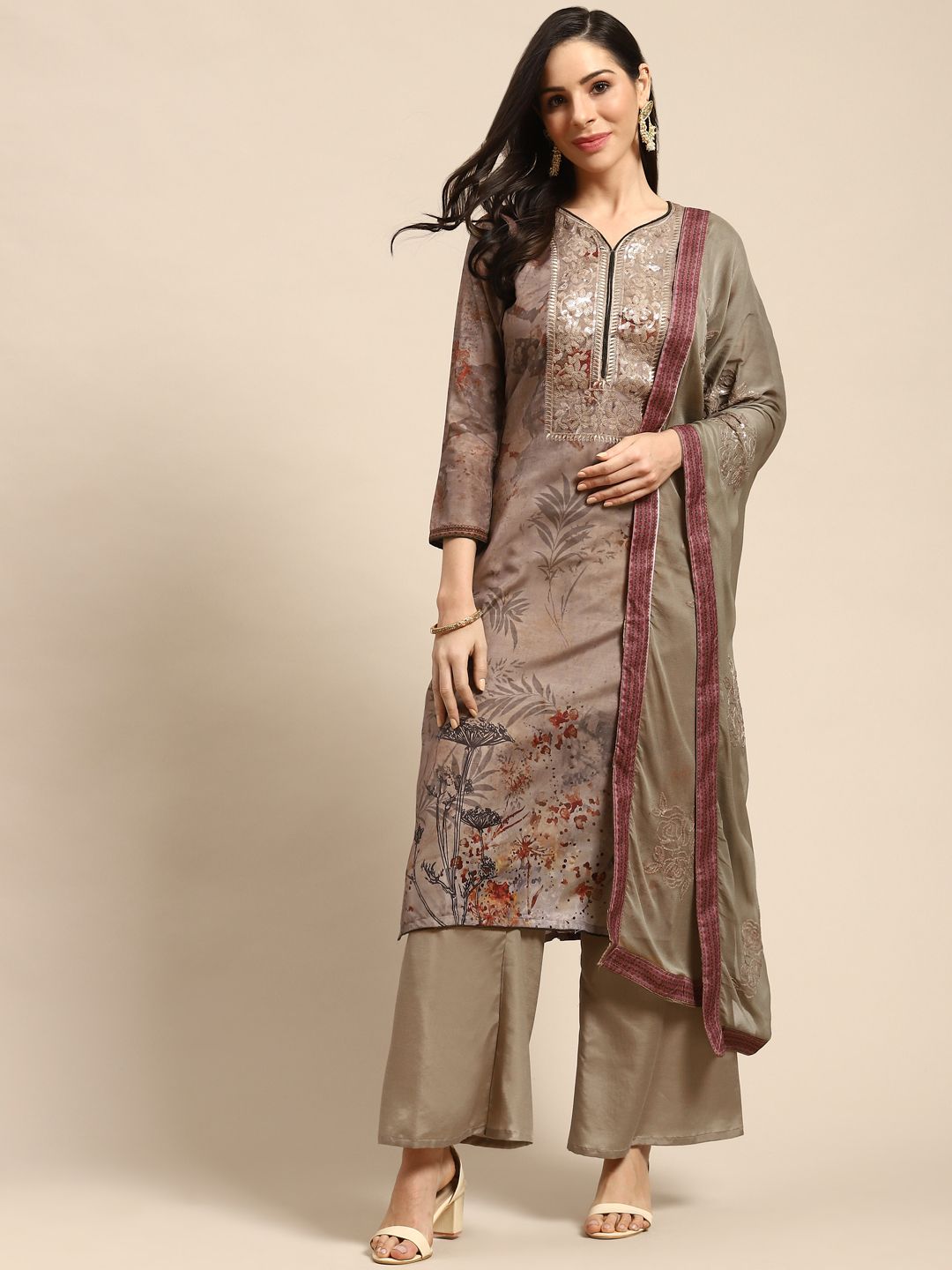 Rajnandini Taupe & Khaki Pure Cotton Semi-Stitched Dress Material Price in India