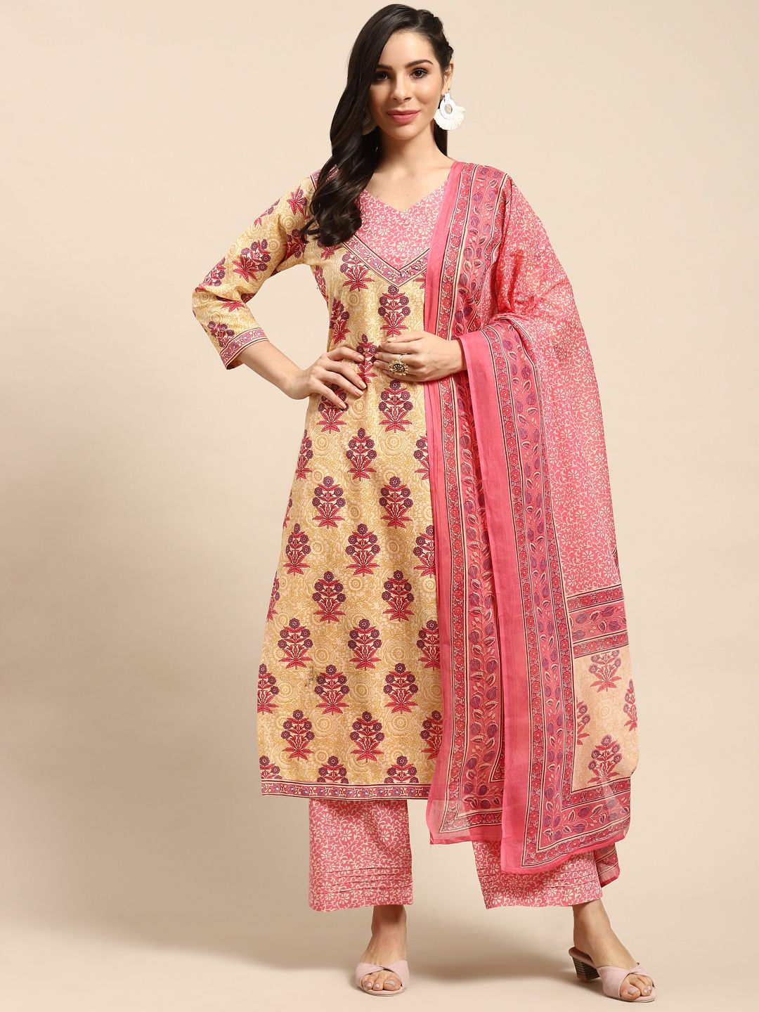 Rajnandini Beige & Pink Pure Cotton Ethnic Motifs Printed Unstitched Dress Material Price in India