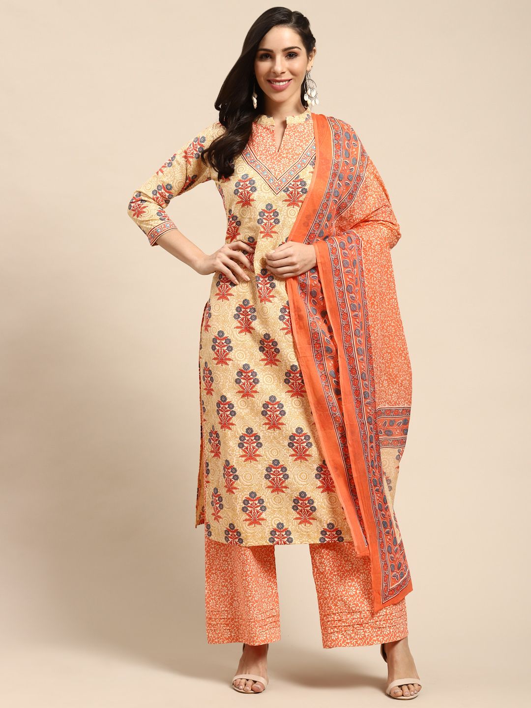 Rajnandini Beige & Orange Pure Cotton Ethnic Motifs Printed Unstitched Dress Material Price in India
