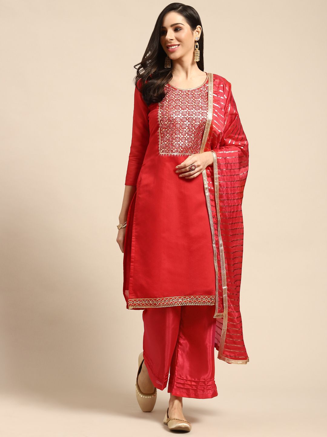 Rajnandini Red & Golden Embroidered Yoke Design Semi-Stitched Dress Material Price in India