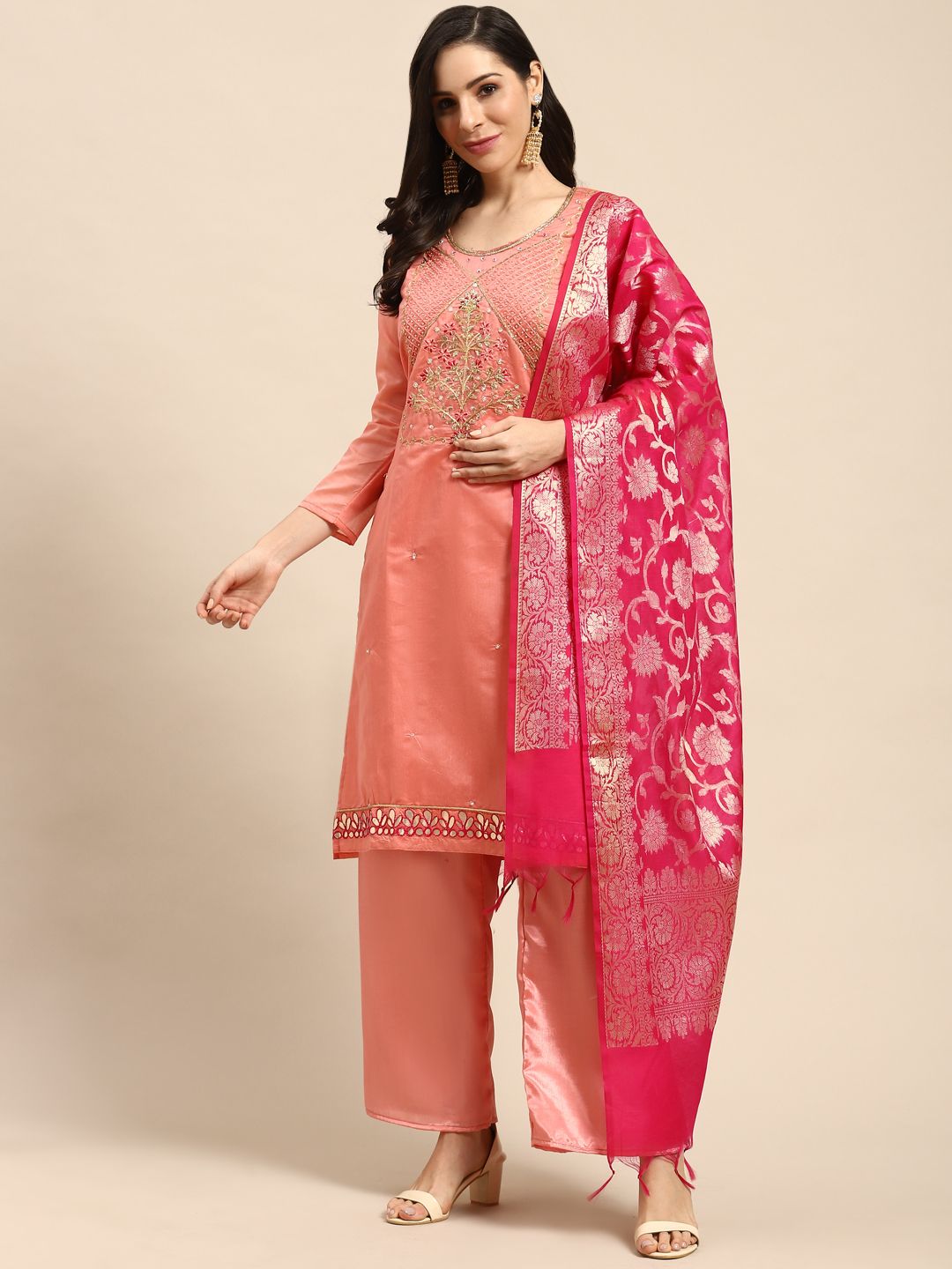 Rajnandini Pink & Golden Embroidered Semi-Stitched Dress Material Price in India
