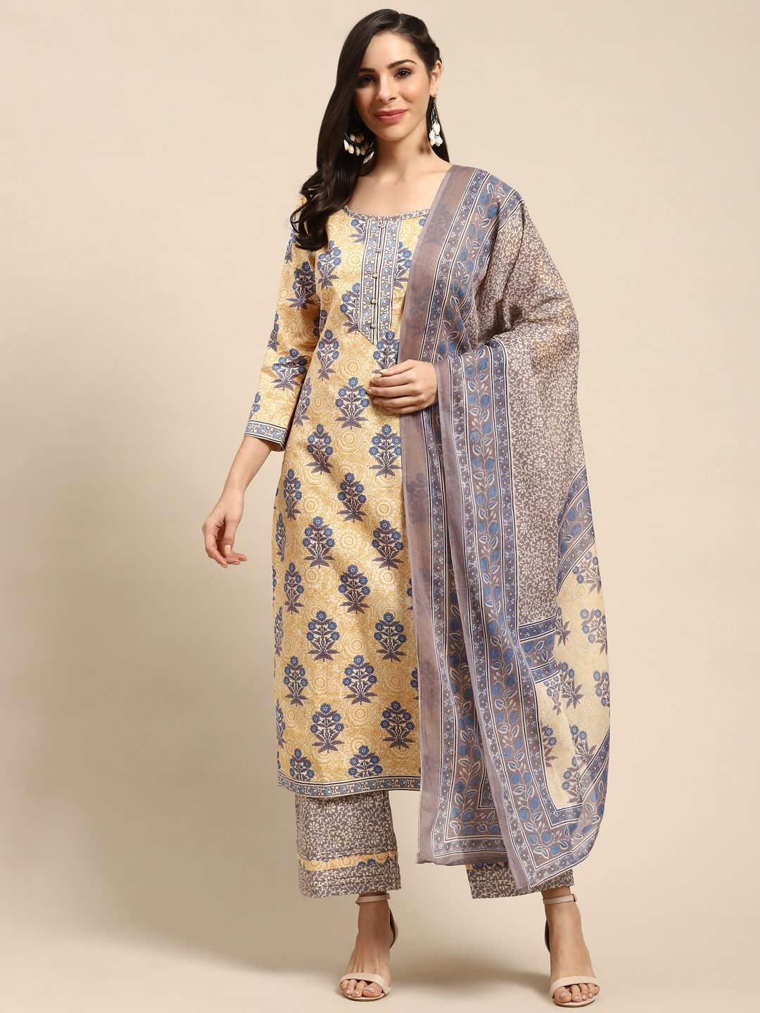 Rajnandini Beige & Grey Pure Cotton Unstitched Dress Material Price in India