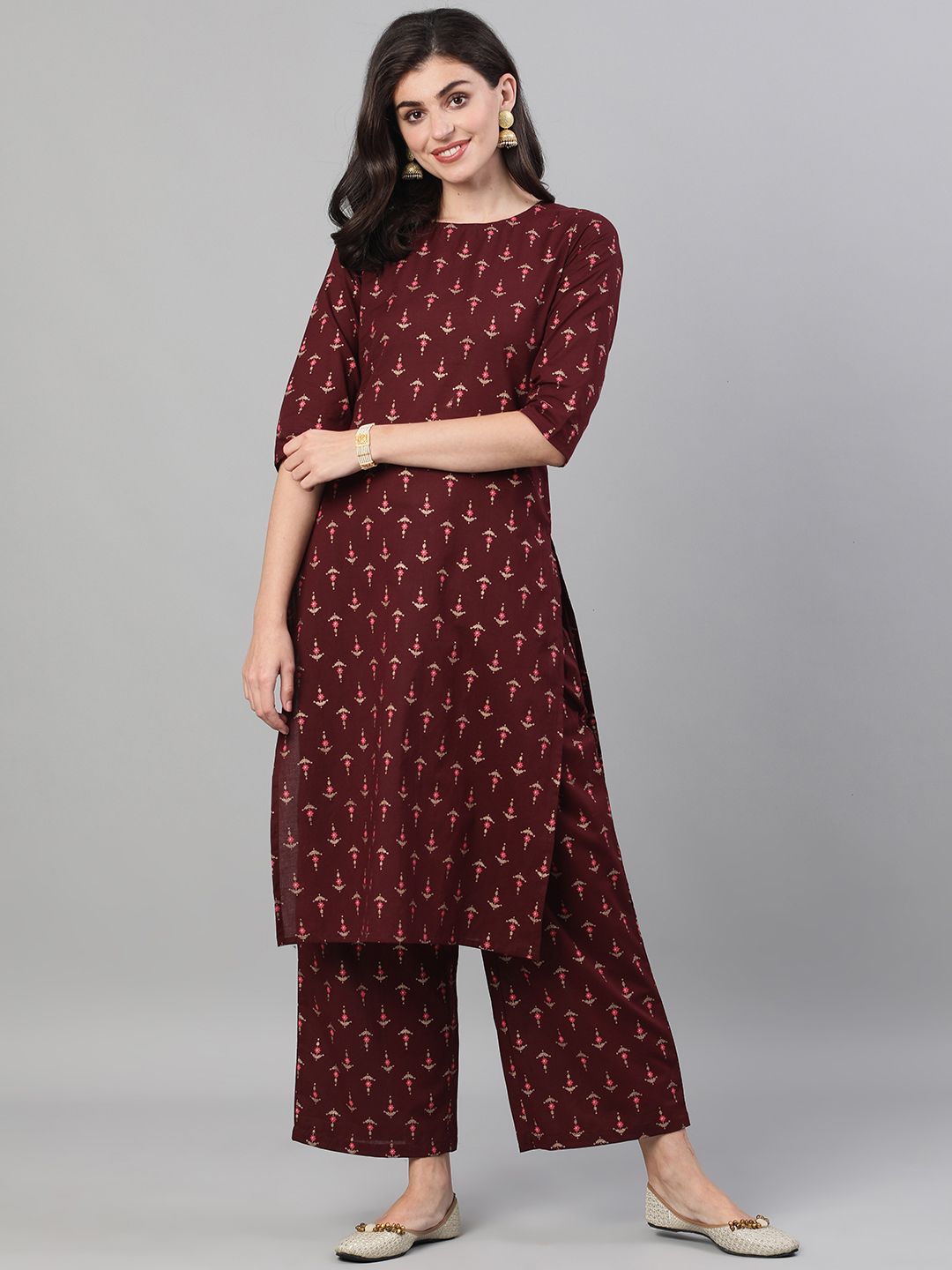 Nayo Women Burgundy Printed Kurta with Palazzos Price in India