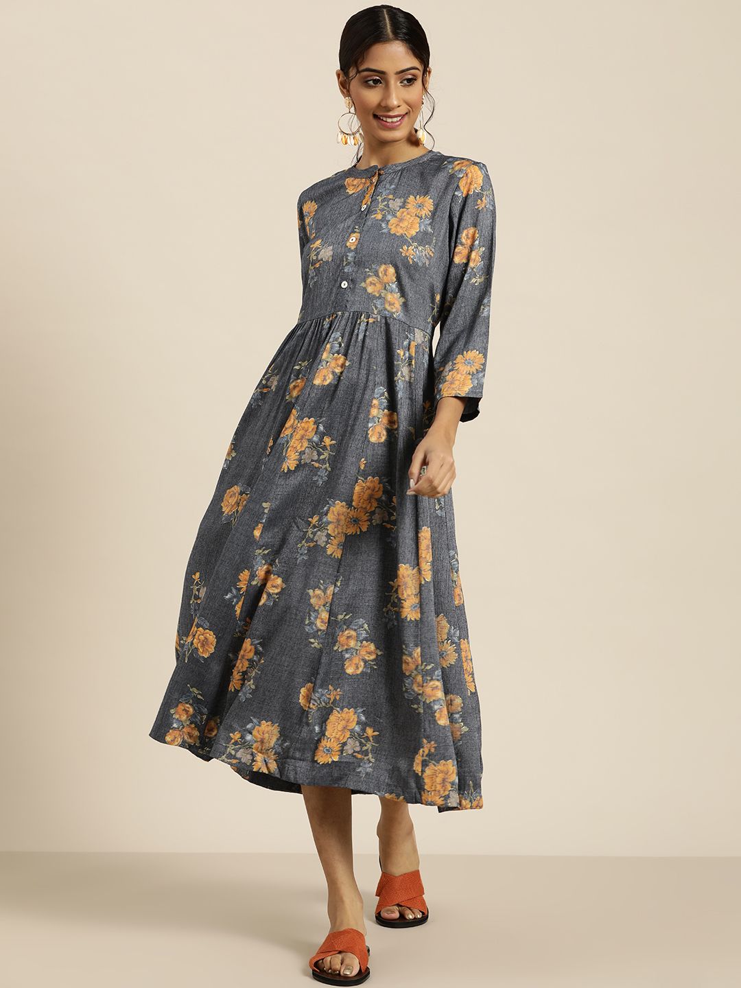 Sangria Charcoal Grey & Mustard Yellow Floral Print Cotton Ethnic A-Line Midi Dress