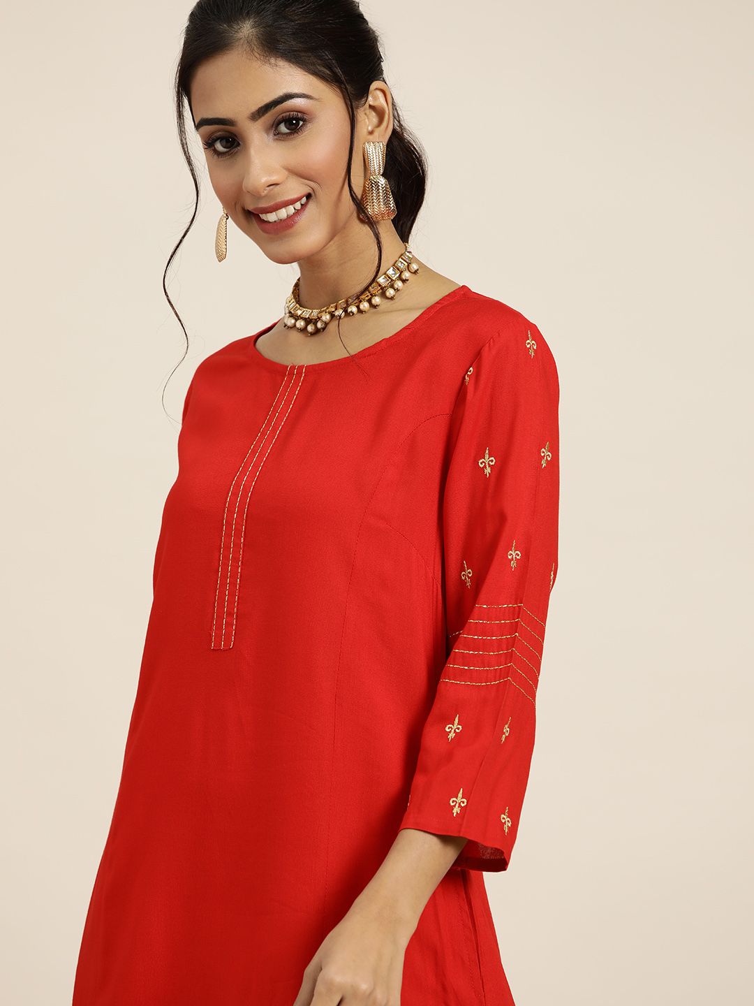 Sangria Women Red Regular Thread Work Kurta with Palazzos Price in India