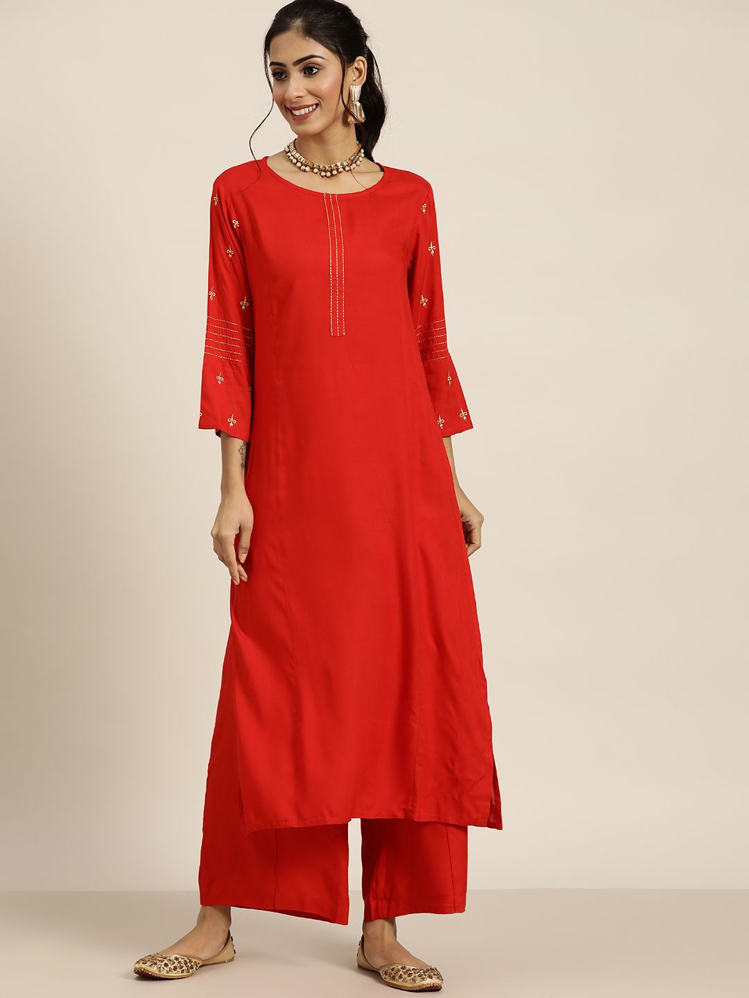 Sangria Women Red Regular Thread Work Kurta with Palazzos