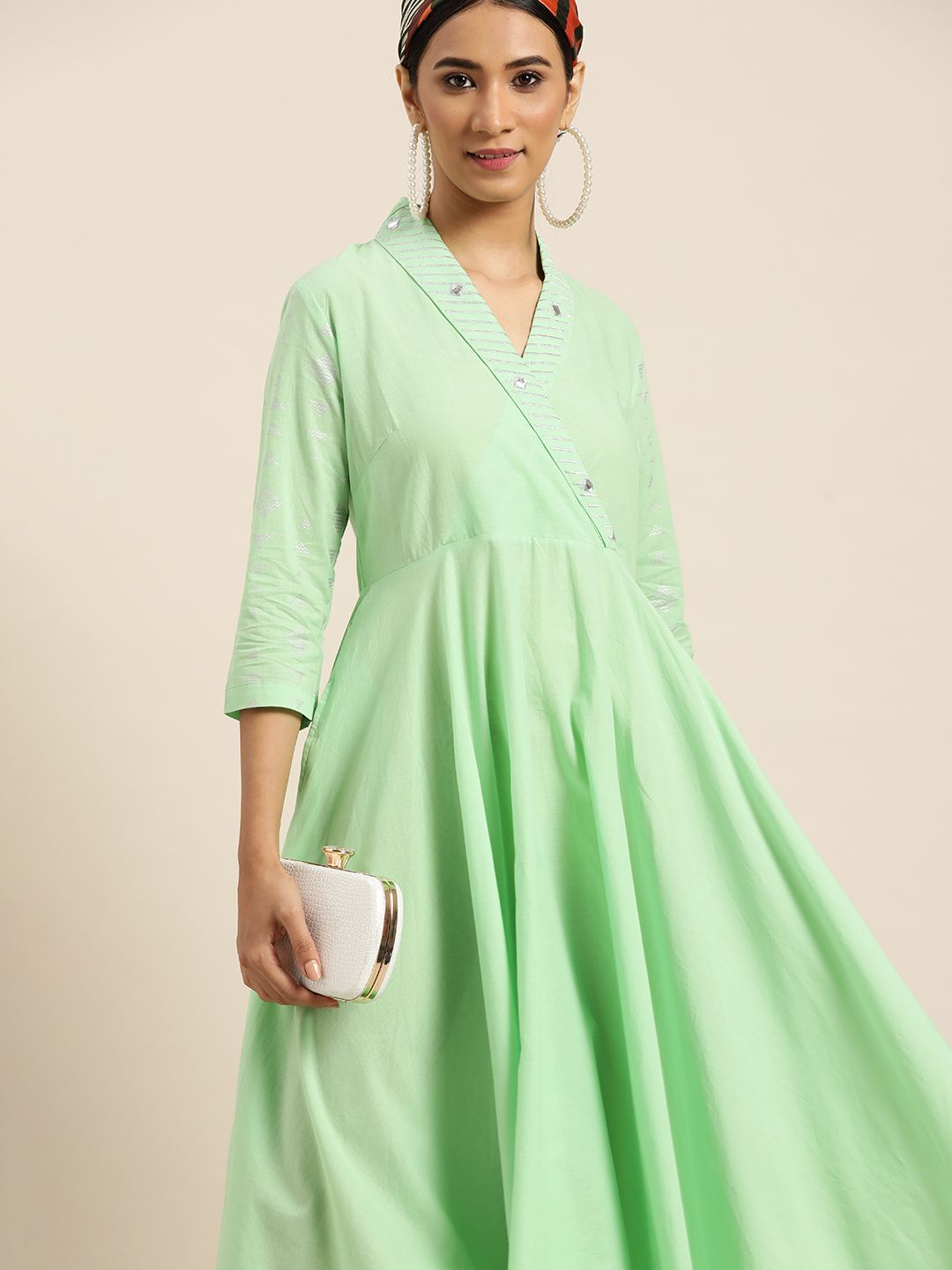 Sangria Women Mint Green Mirror Work Solid Cotton Wrap Midi Dress