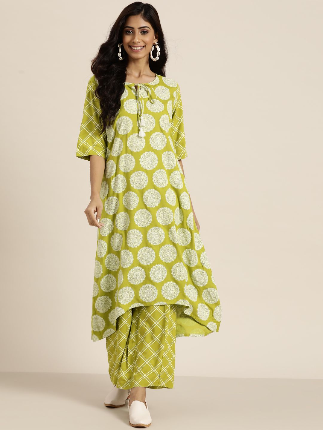 Sangria Women Green & White Ethnic Motifs Print A-line Kurta with Palazzos