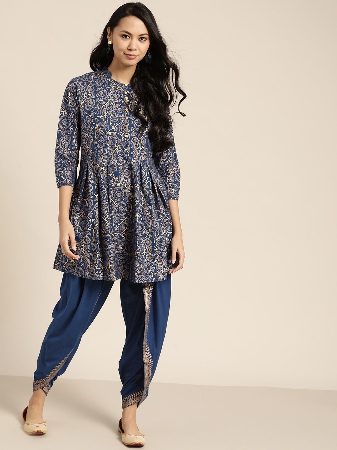 Sangria Women Navy Blue Ethnic Motifs Printed Pleated Pure Cotton Kurti with Dhoti Pants Price in India