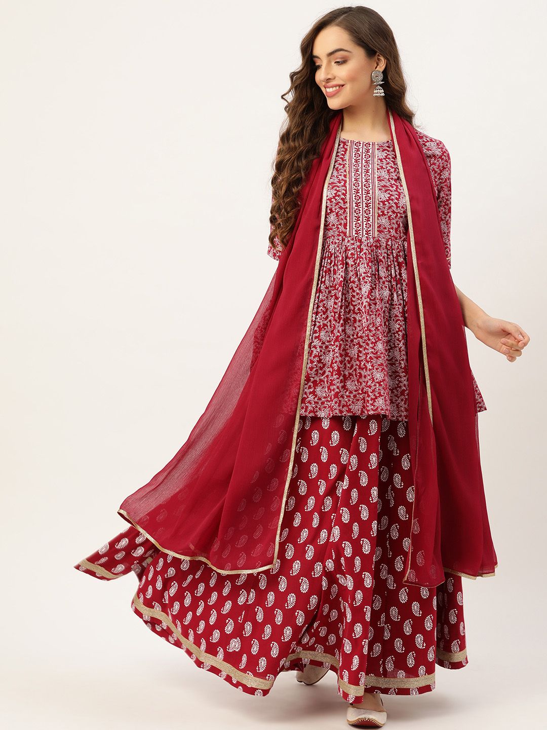 Sangria Maroon & White Printed Cotton Ready to Wear Fusion Lehenga & Kurti With Dupatta