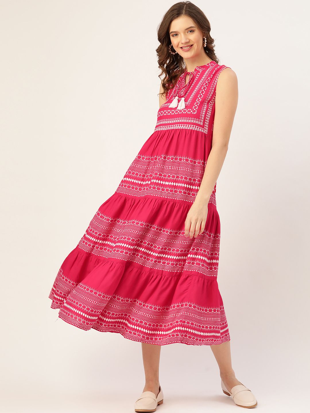 Sangria Women Red & Off-White Printed Tiered Midi A-Line Dress