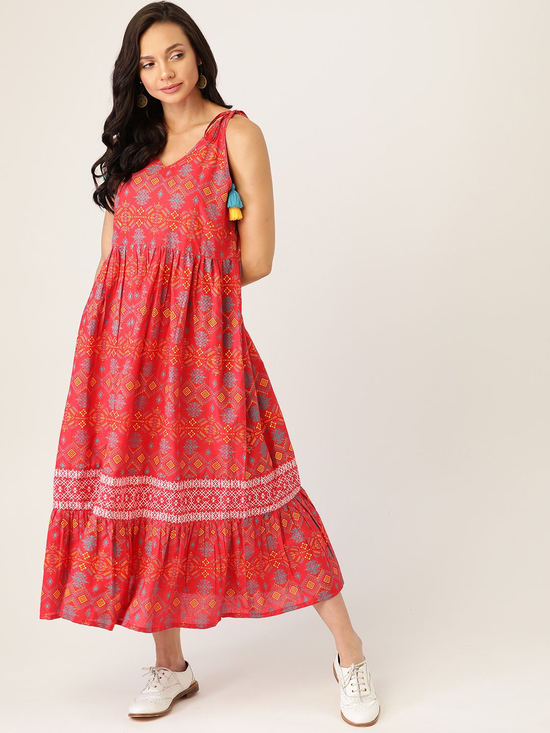 Sangria Red & Blue Ethnic Motifs Pure Cotton Tiered A-Line Midi Dress