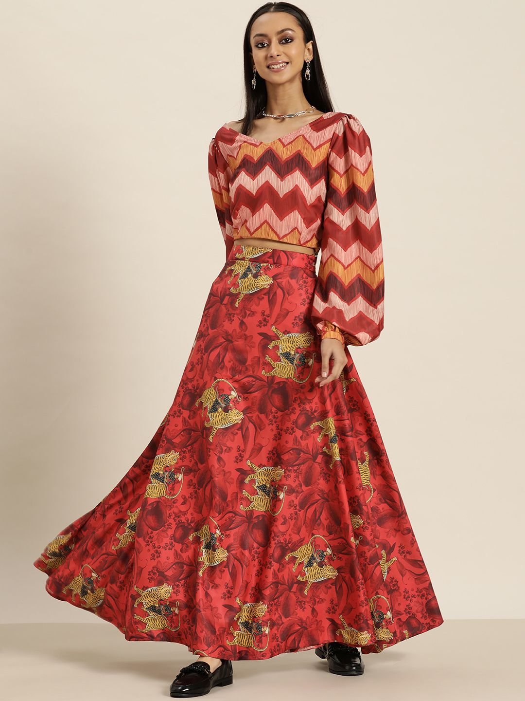 Sangria Red & Beige Printed Ready to Wear Lehenga & Choli Price in India