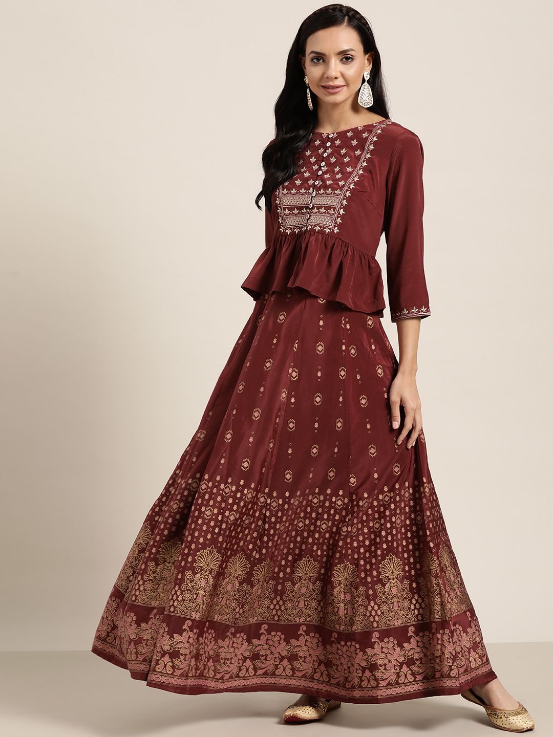 Sangria Maroon & Beige Embroidered Ready to Wear Lehenga & Choli