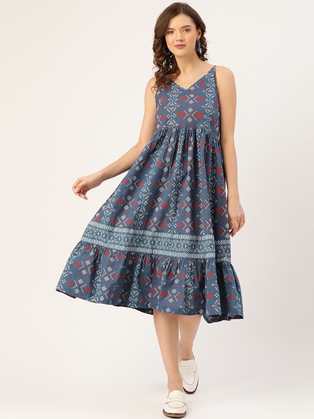 Sangria Women Blue Pure Cotton Printed Midi A-Line Dress