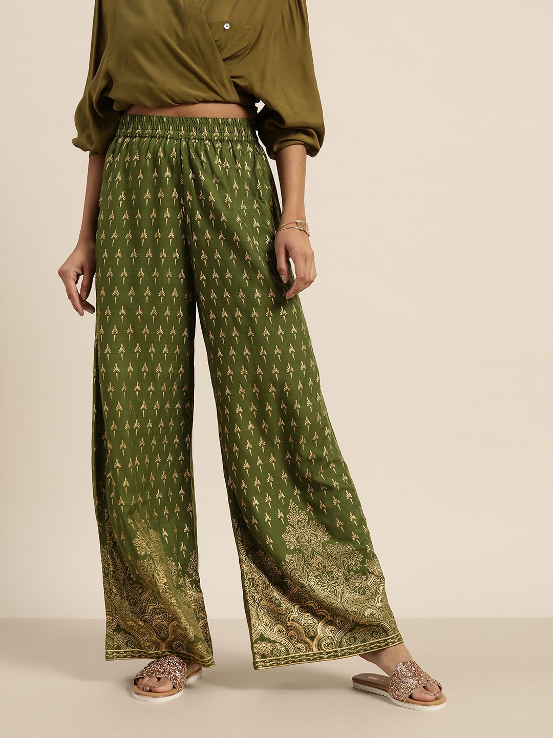 Shae by SASSAFRAS Women Olive Green & Golden Foil Printed Wide Leg Palazzos Price in India